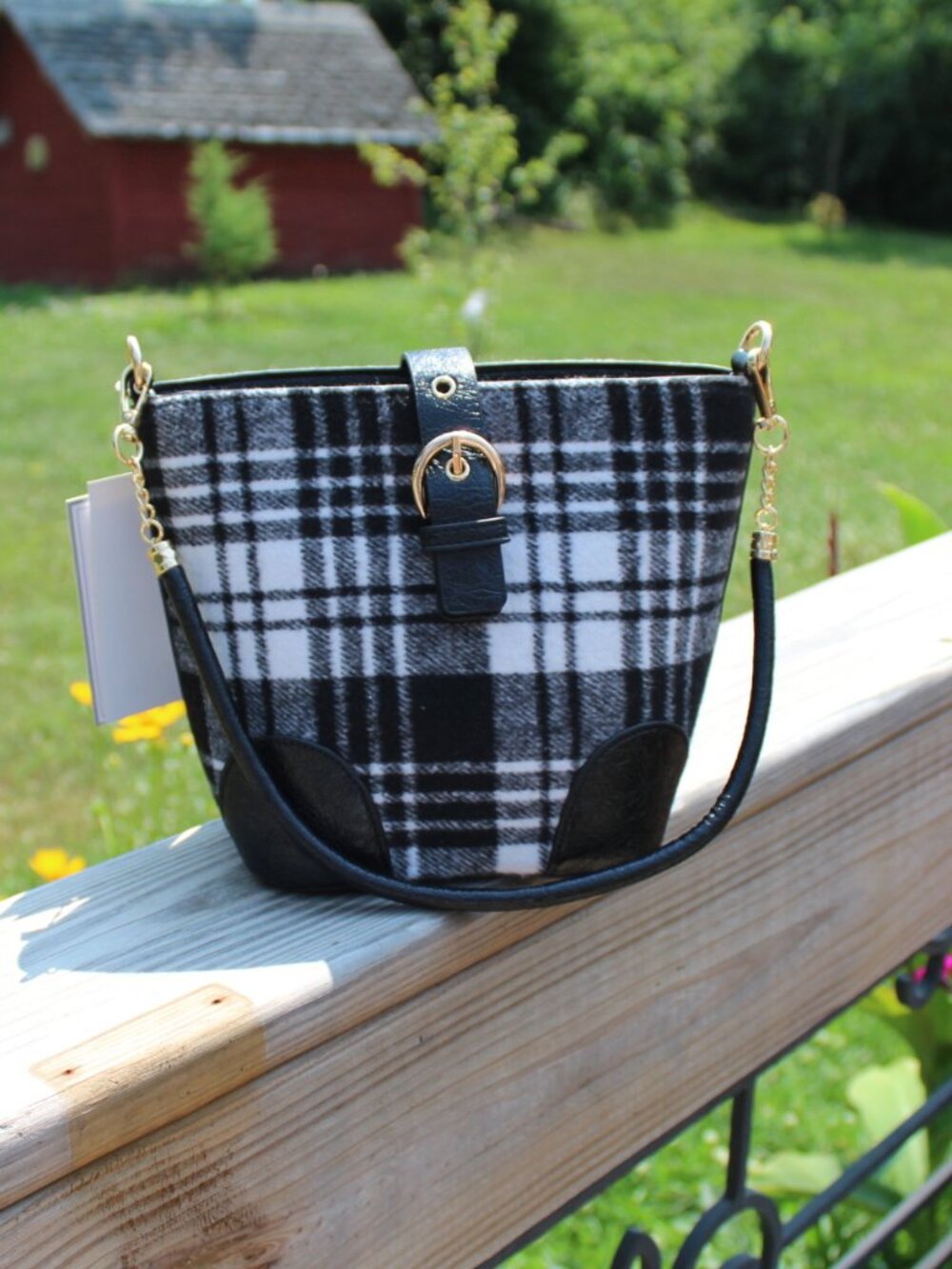 Jen & Co. Lyla 2-in-1 Plaid Shoulder Bucket Bag NWT Black White Vegan Leather